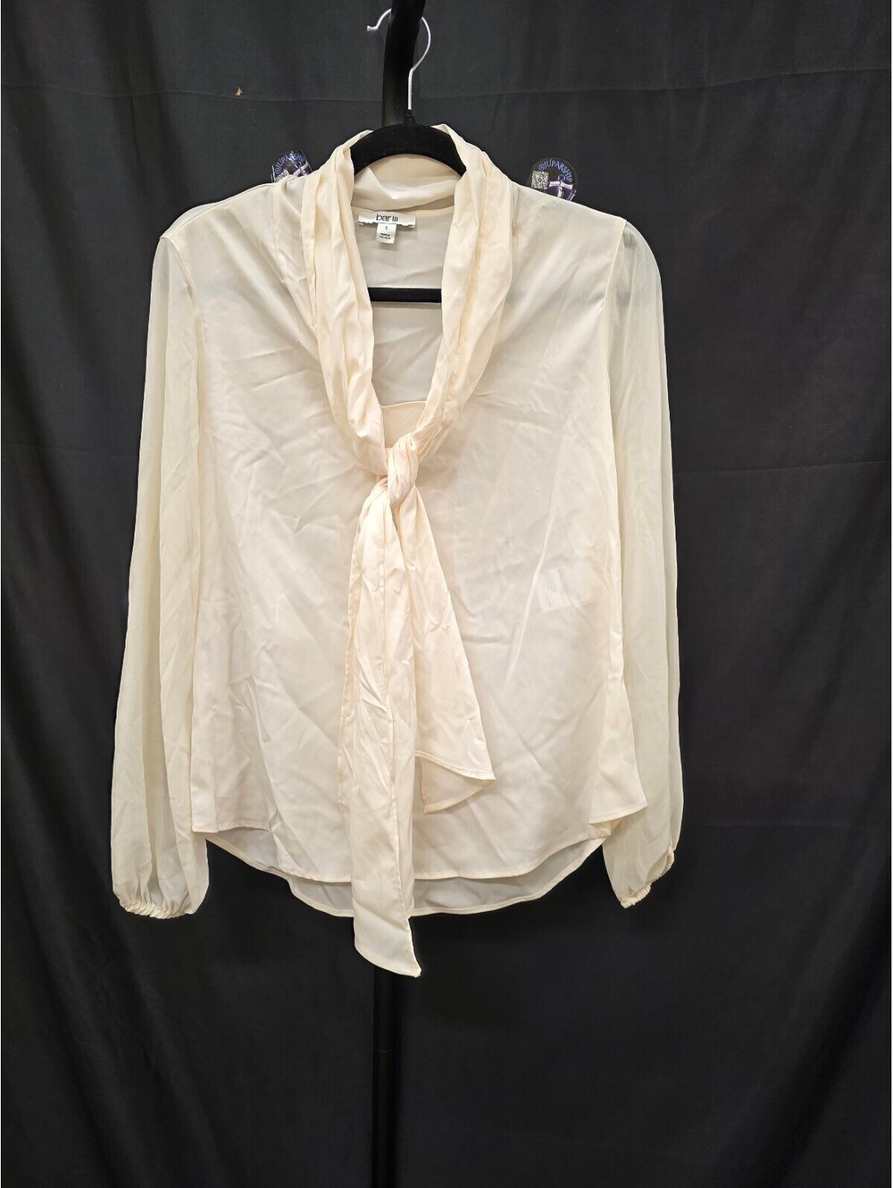 BAR III TIE‑NECK SHEER LONG‑SLEEVE BLOUSE WHITE SIZE S